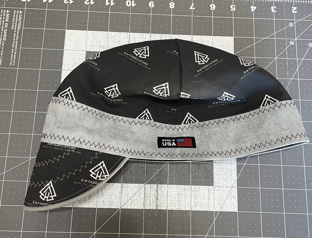 Close-up of custom welding cap fabric and stitching, handcrafted for welders