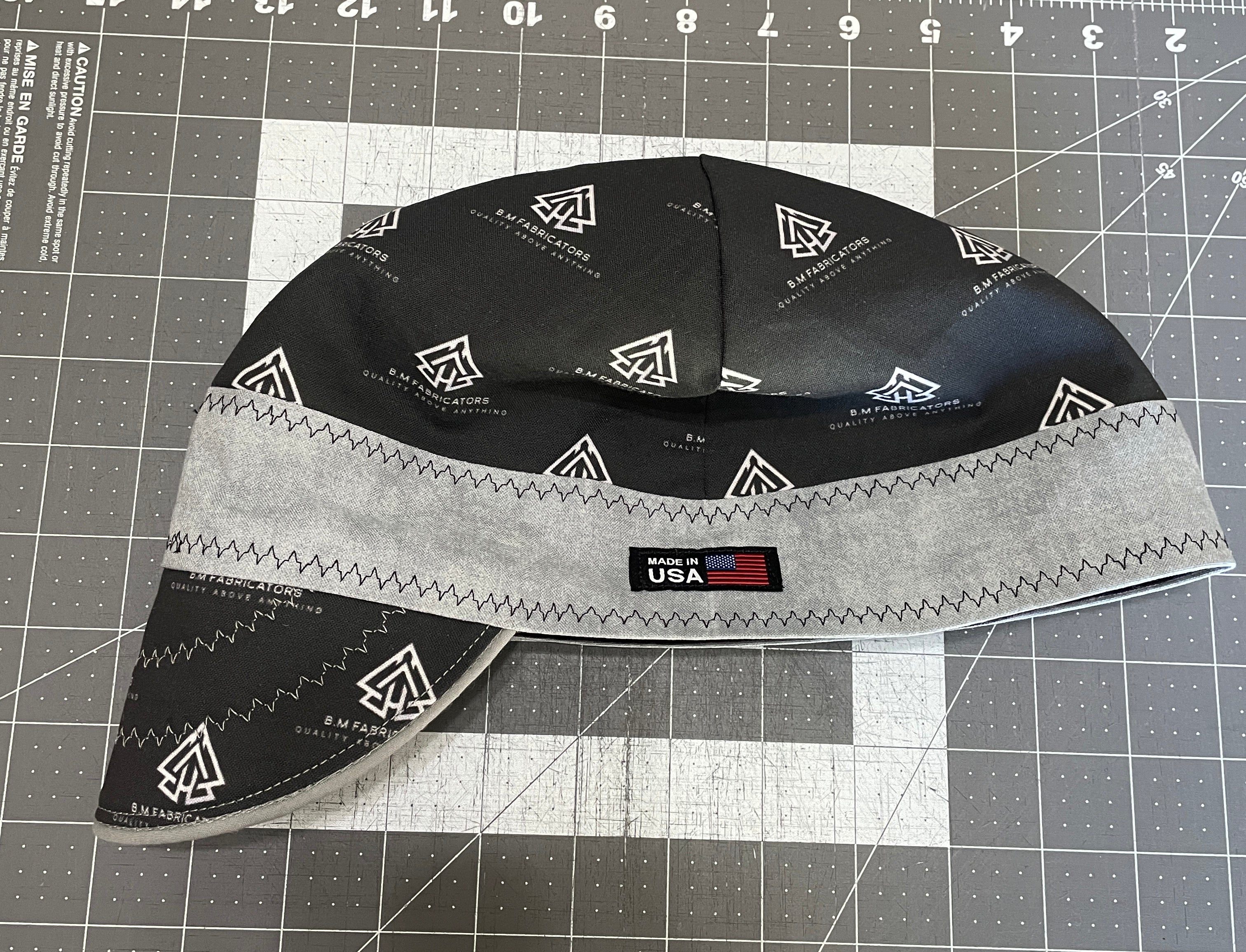 Close-up of custom welding cap fabric and stitching, handcrafted for welders